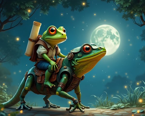 Humanoid Frog and Armored Frog in Mystical Forest Scene