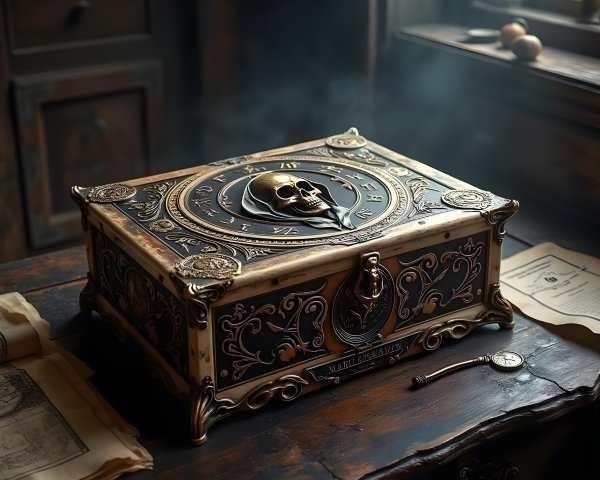 Antique Box with Skull and Celestial Symbols