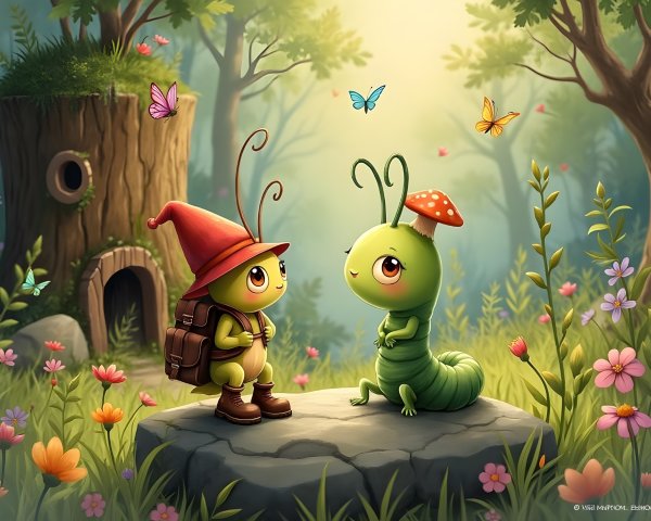 Caterpillars in a Whimsical Forest Adventure Scene