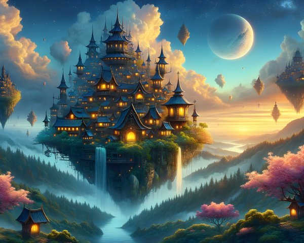 Floating Castle Surrounded by Cherry Blossoms and Waterfalls