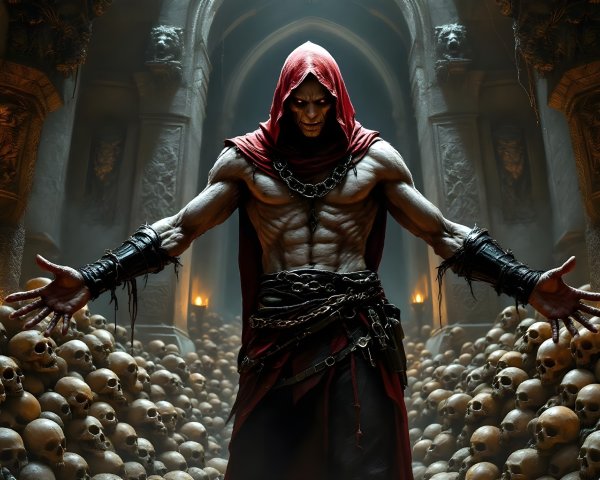 Muscular Figure in Dark Gothic Chamber with Skulls