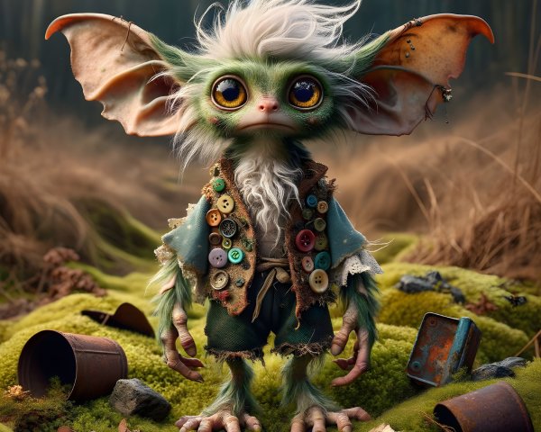 Whimsical Creature in a Forest with Colorful Trinkets