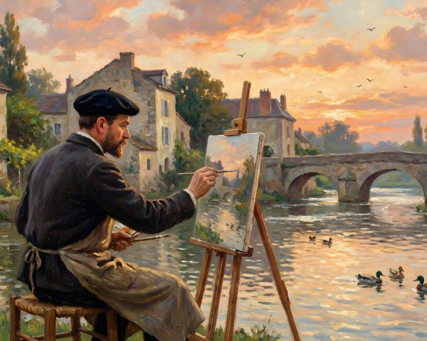Oil Painting of a Male Painter at Sunset by a River