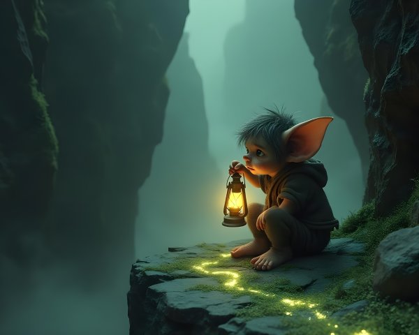 Whimsical Creature with Lantern in Misty Canyon