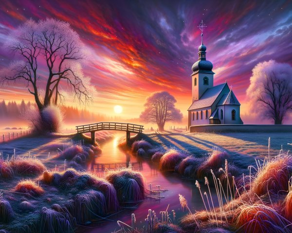 Church on a Hill with Colorful Sunrise Sky and River