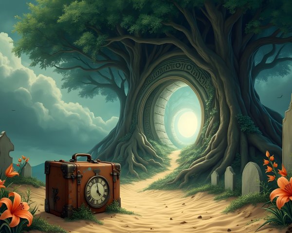 Magical landscape with ancient tree and glowing portal