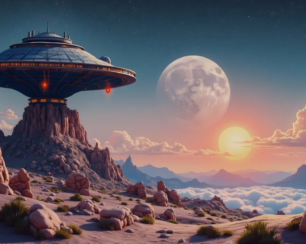 Futuristic alien landscape with spaceship and moons