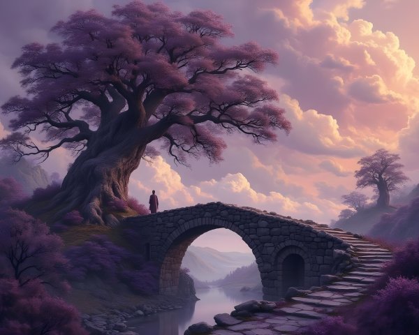 Serene landscape with old tree and stone bridge