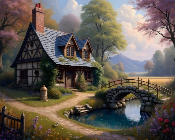 Cottage Surrounded by Autumn Trees and Serene Pond