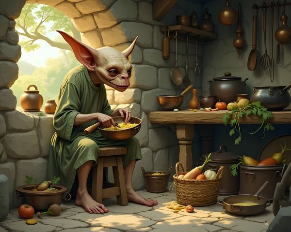 Whimsical Creature Prepares Food in Cozy Kitchen
