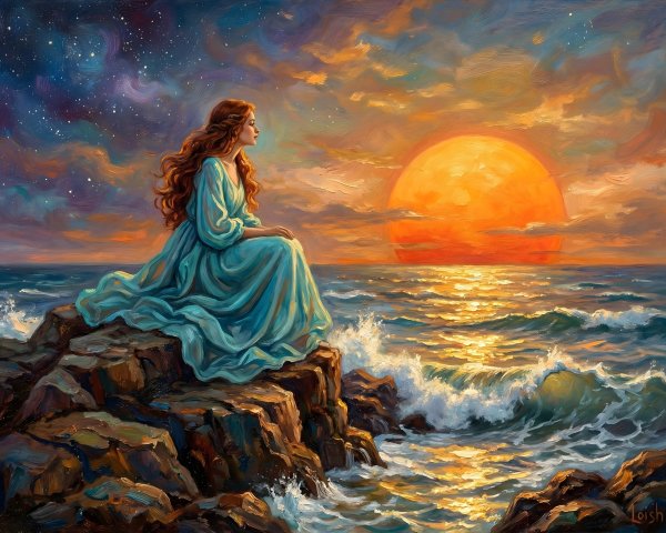 Fantasy Art Portrait of Woman at Sunset Cliff