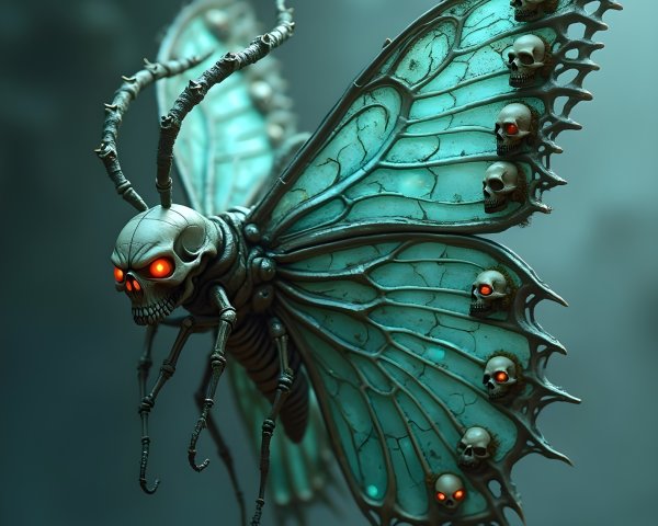 Surreal Butterfly with Metallic Exoskeleton and Skulls