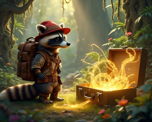 Charming Raccoon with Treasure Chest in Enchanted Forest