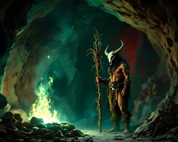Muscular Figure in Horned Mask in Dim Cave Ritual