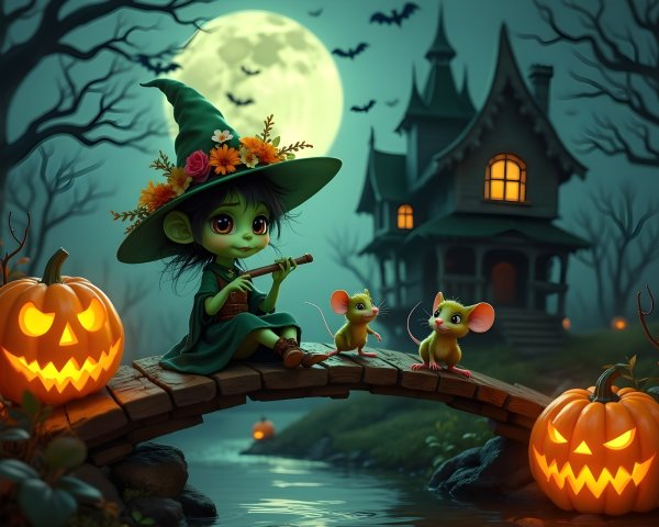 Whimsical Witch Playing Lute Under Full Moon