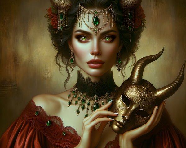 Fantasy portrait of a woman with horns and floral accents