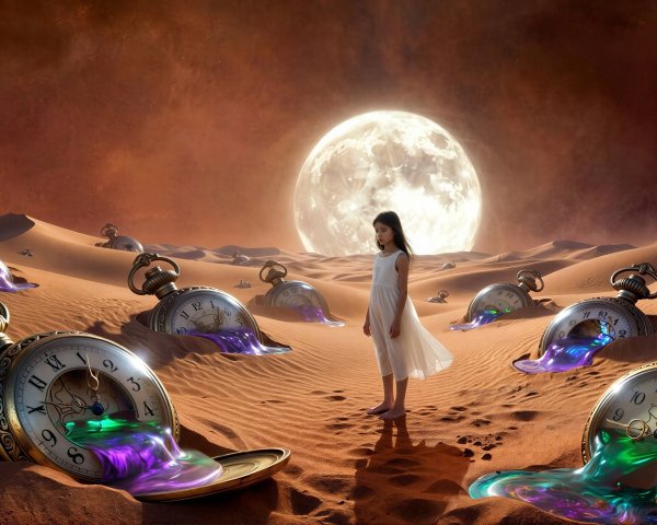 Young girl in white dress in surreal desert landscape