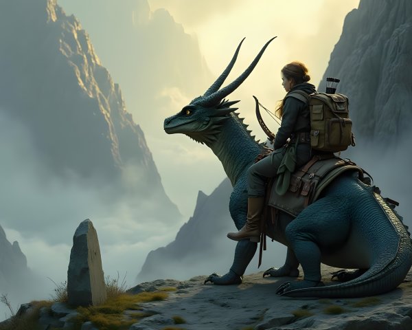 Lone figure on dragon overlooking misty mountainscape
