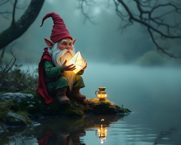 Whimsical Gnome by Misty Lake with Glowing Pyramid