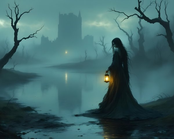 Misty Landscape with Woman and Shadowy Castle