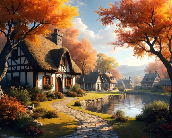 Autumn Village Scene with Cottages and Tranquil Pond