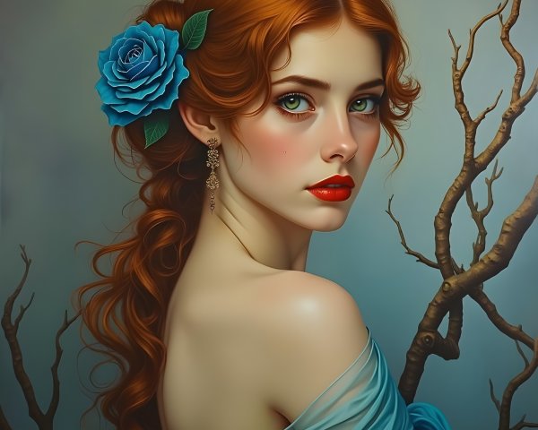 Portrait of a Young Woman with Red Hair and Blue Rose