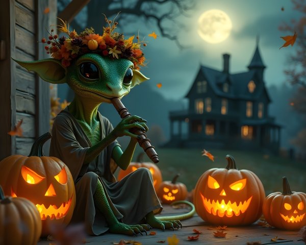 Whimsical Alien Character on Porch with Moonlit Scene