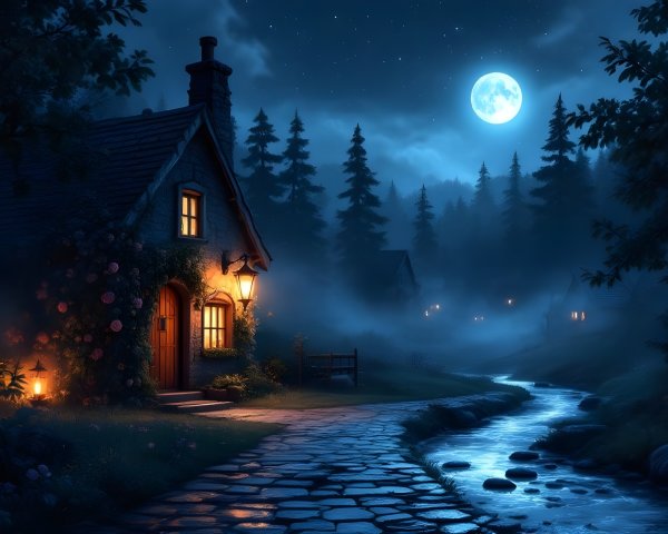 Cottage Surrounded by Trees Under a Full Moon