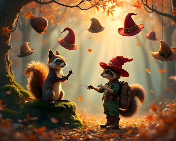 Playful Squirrels in a Whimsical Forest Setting