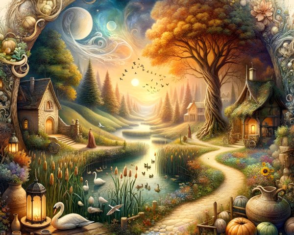 Whimsical Autumn Landscape with Serene Lake and Swans