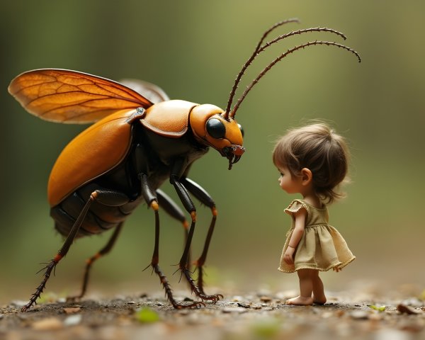 Child Encounters Giant Orange Beetle in Forest