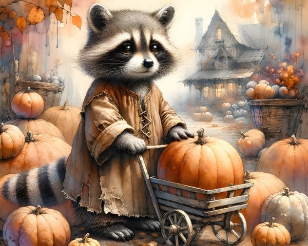 Whimsical Raccoon with Pumpkin in Autumn Scene