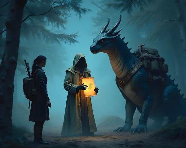 Mysterious Figure, Dragon, and Woman in Enchanted Forest