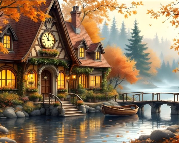 Charming Cottage by Serene Lake in Autumn Foliage