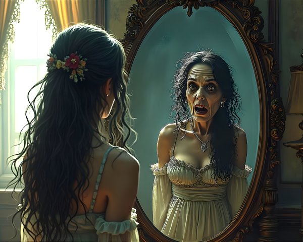 Young woman in shock before ornate mirror reflection