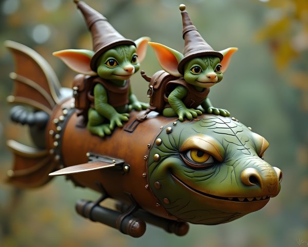 Whimsical Green Creatures on a Dragon-Shaped Rocket