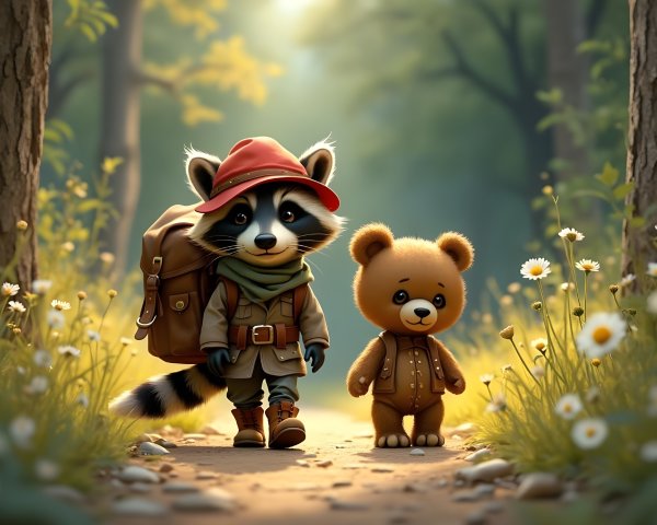 Raccoon and Bear in a Whimsical Forest Adventure
