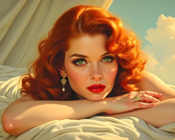 Portrait of a woman with red curls and green eyes