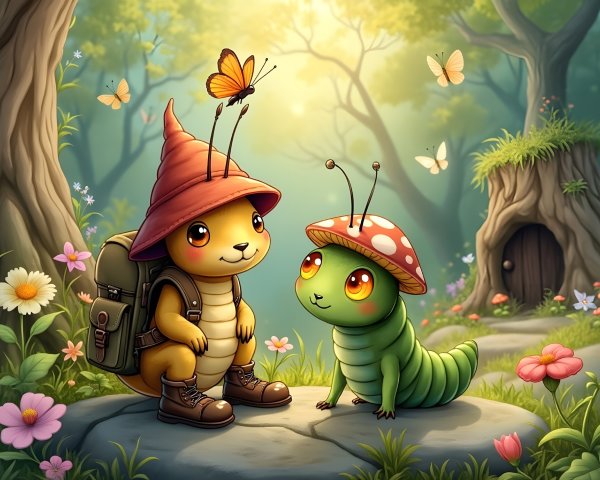 Whimsical Forest Scene with Turtle and Caterpillar