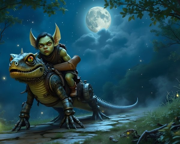 Goblin Riding Mechanical Lizard Under Moonlit Forest