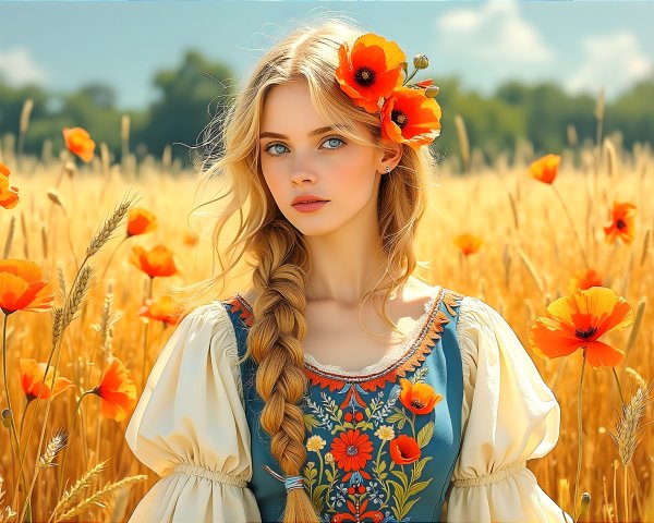 Young woman in wheat field with poppies and flowers