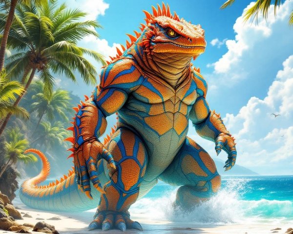 Vibrant Dinosaur-Like Creature on Sunny Beach