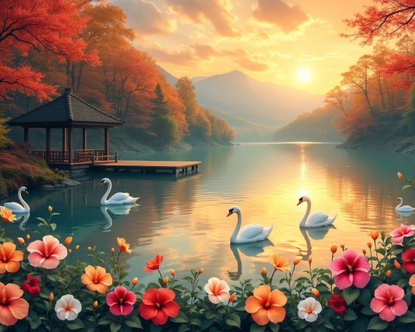 Autumn Landscape with Lake and Colorful Foliage