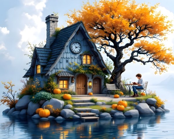 Whimsical Cottage on Rocky Island in Autumn Setting