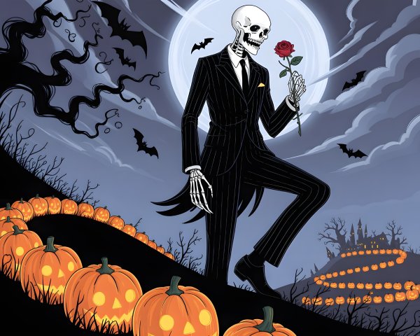 Whimsical Skeleton with Rose in Halloween Landscape