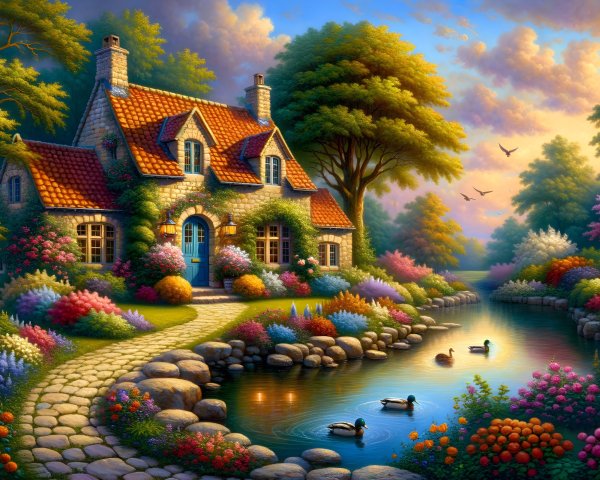 Charming Stone Cottage by Tranquil Pond at Sunset
