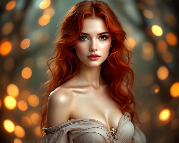 Young Woman with Red Hair in Elegant Off-the-Shoulder Gown