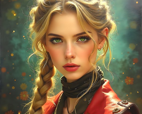 Young woman in red jacket with green eyes in garden