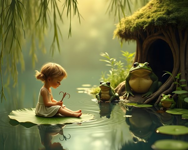 Young girl on lily pad in a serene pond setting