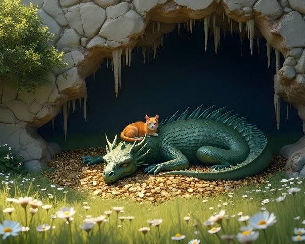 Green Dragon and Cat in a Whimsical Cave Scene